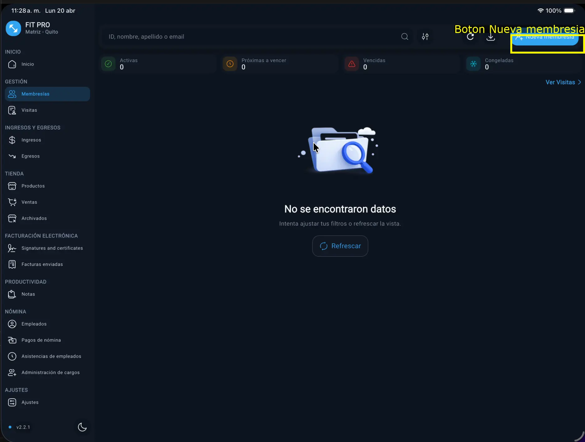 Botón Nueva membresía resaltado