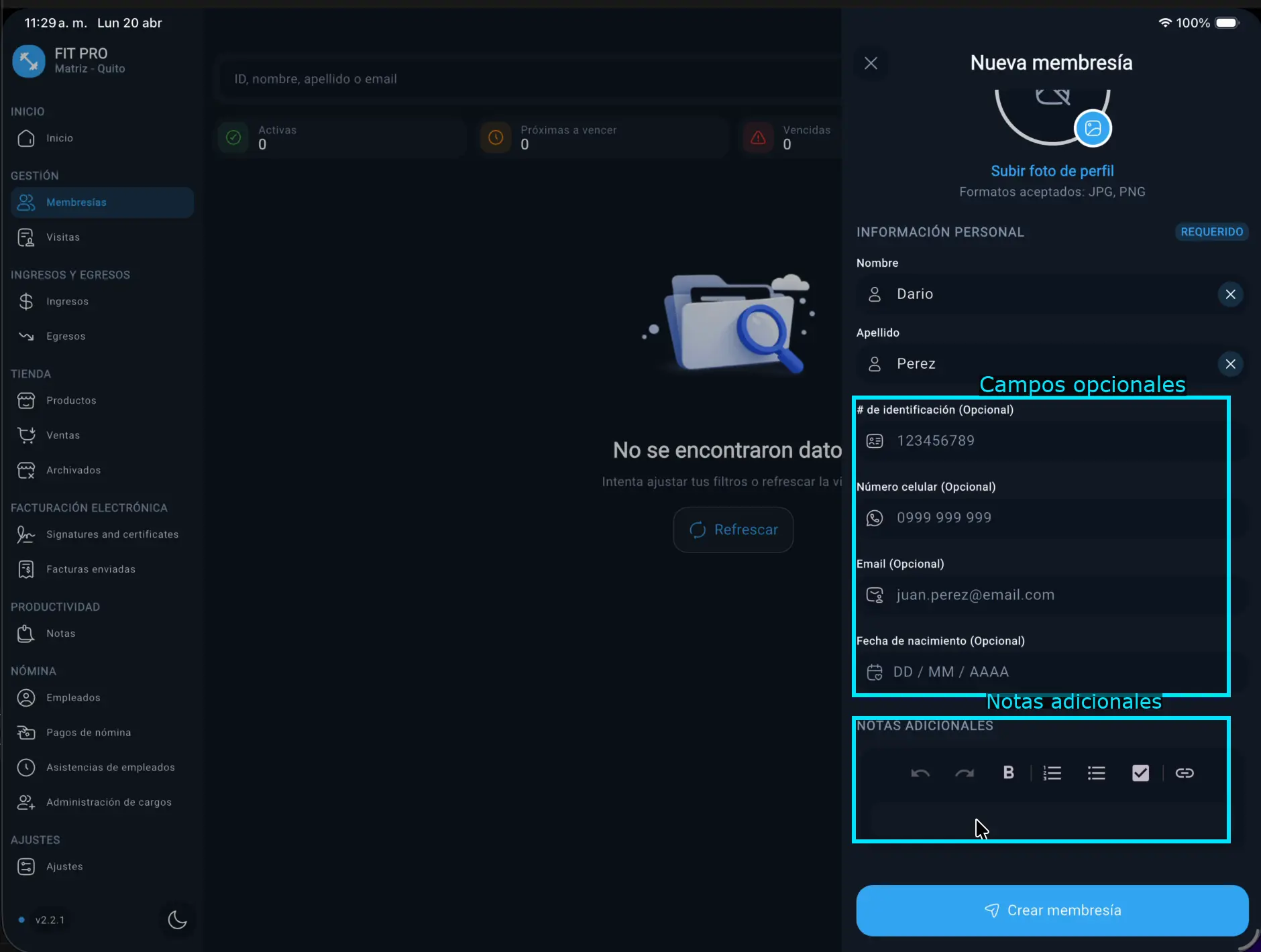 Campos opcionales y notas adicionales resaltados