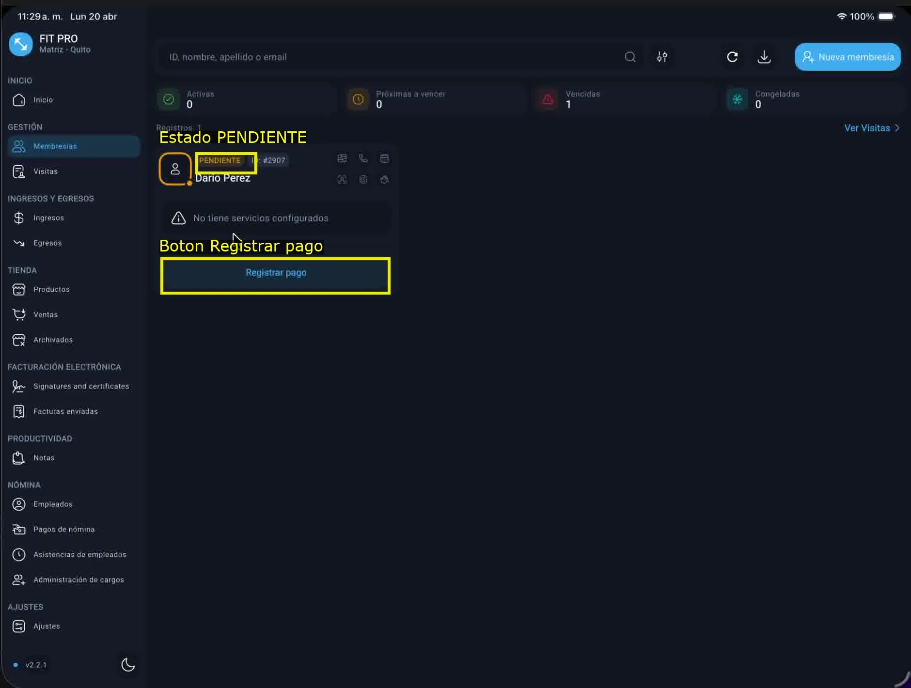 Estado pendiente y botón registrar pago resaltados