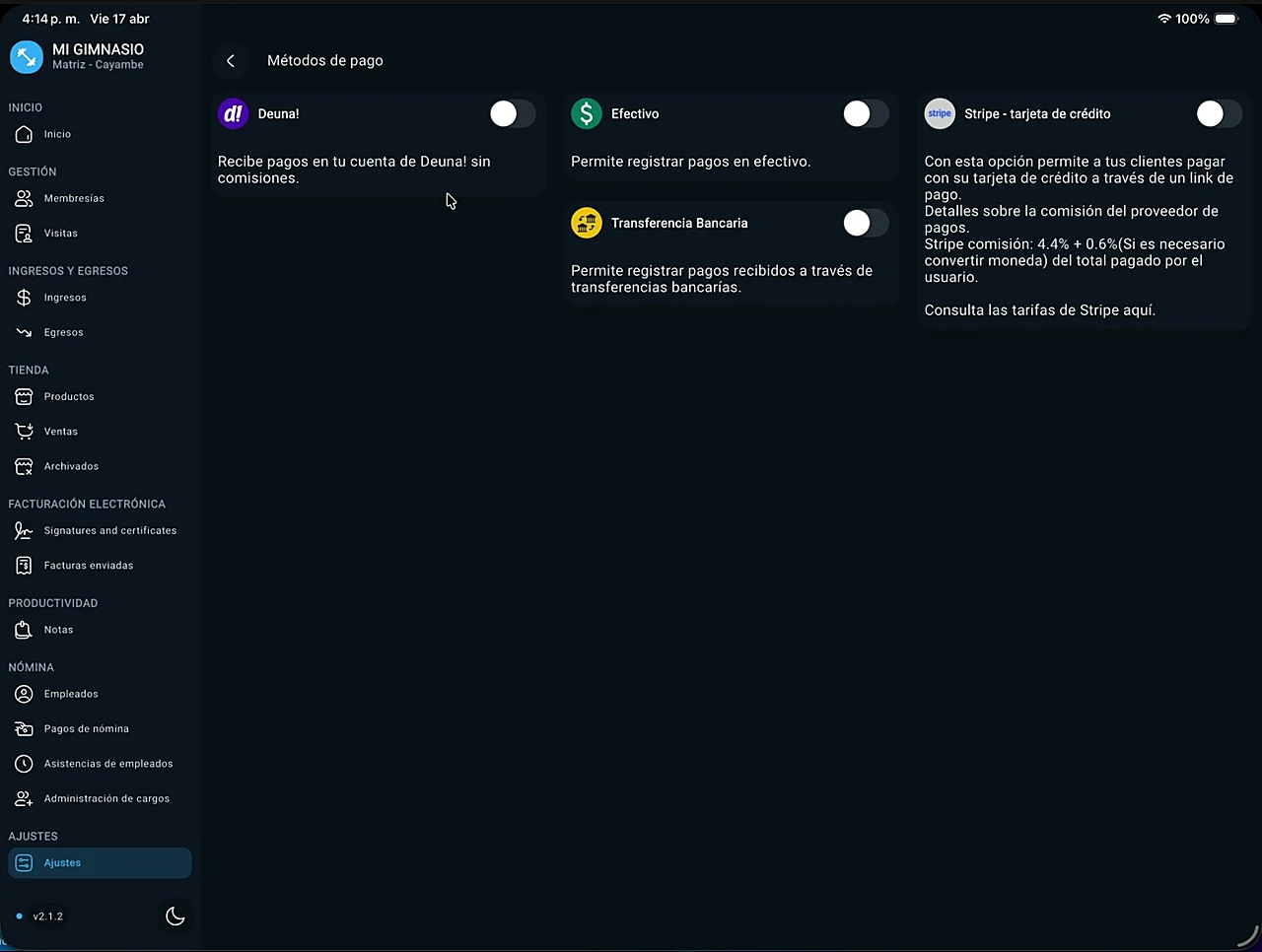 Pantalla de métodos de pago