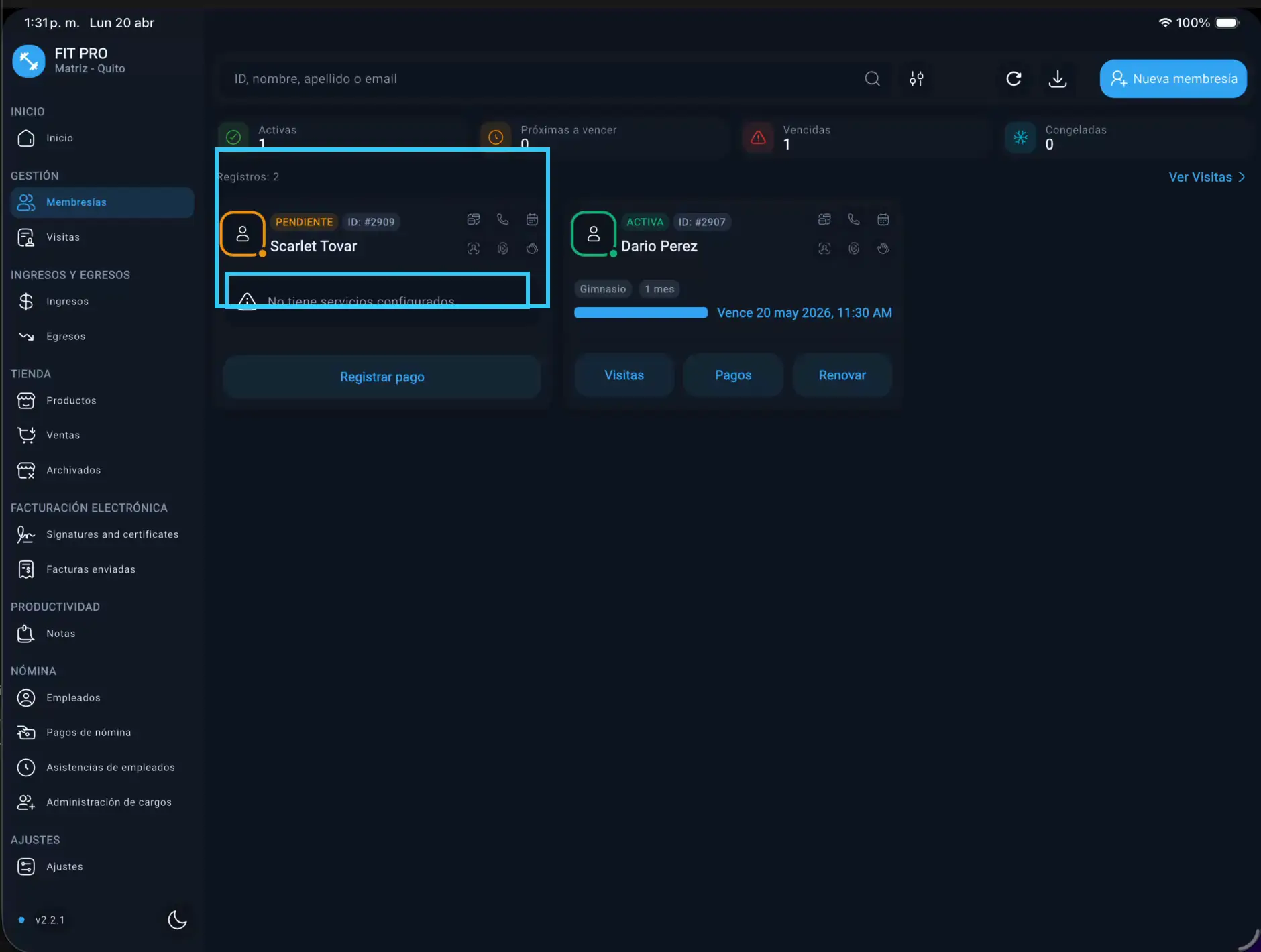 Cliente pendiente y botón registrar pago resaltados