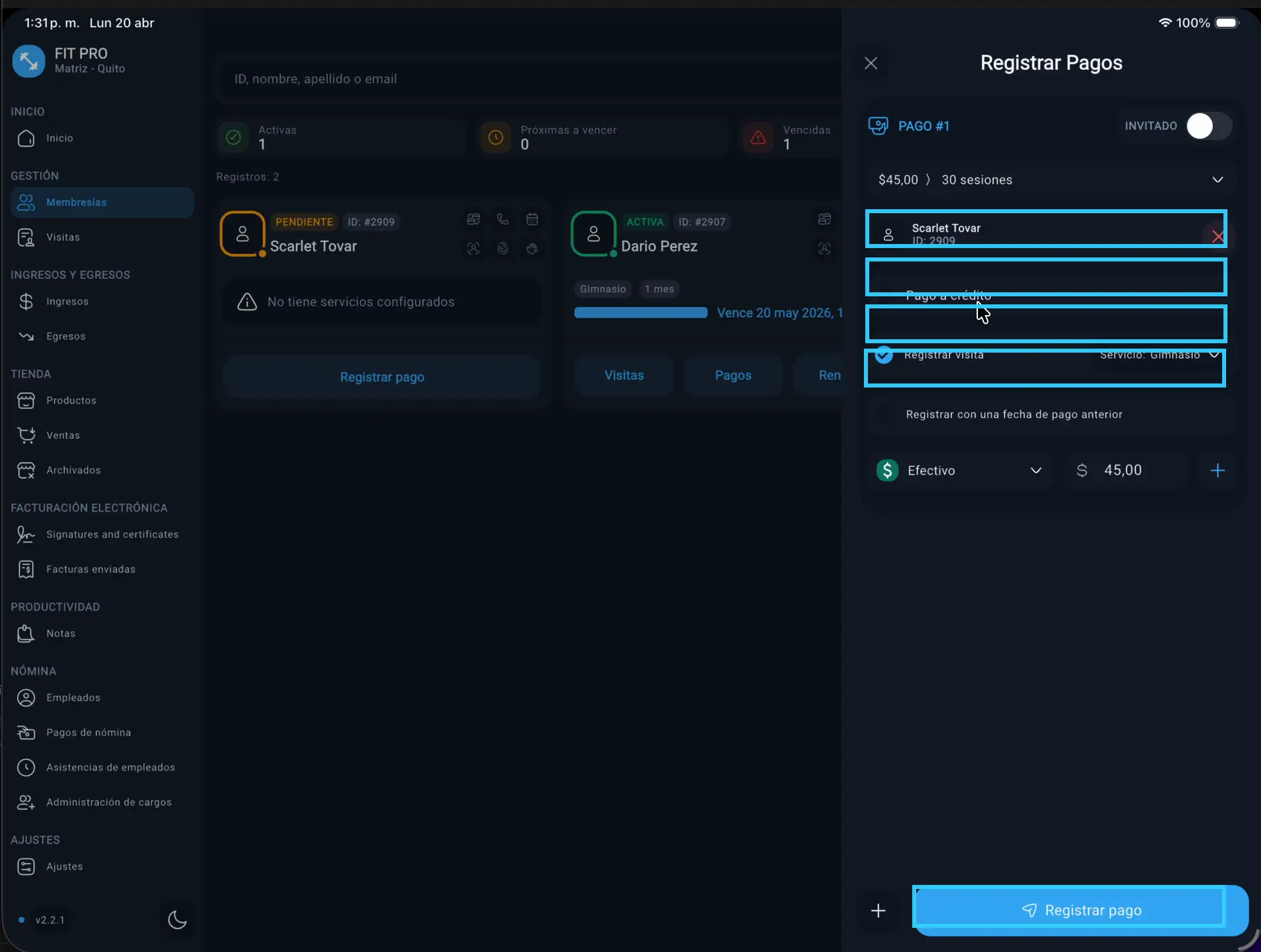 Opciones clave del panel de pago cliente resaltadas