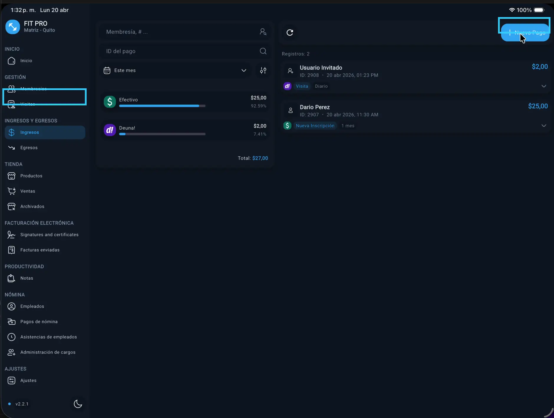 Ingresos y botón nuevo pago resaltados