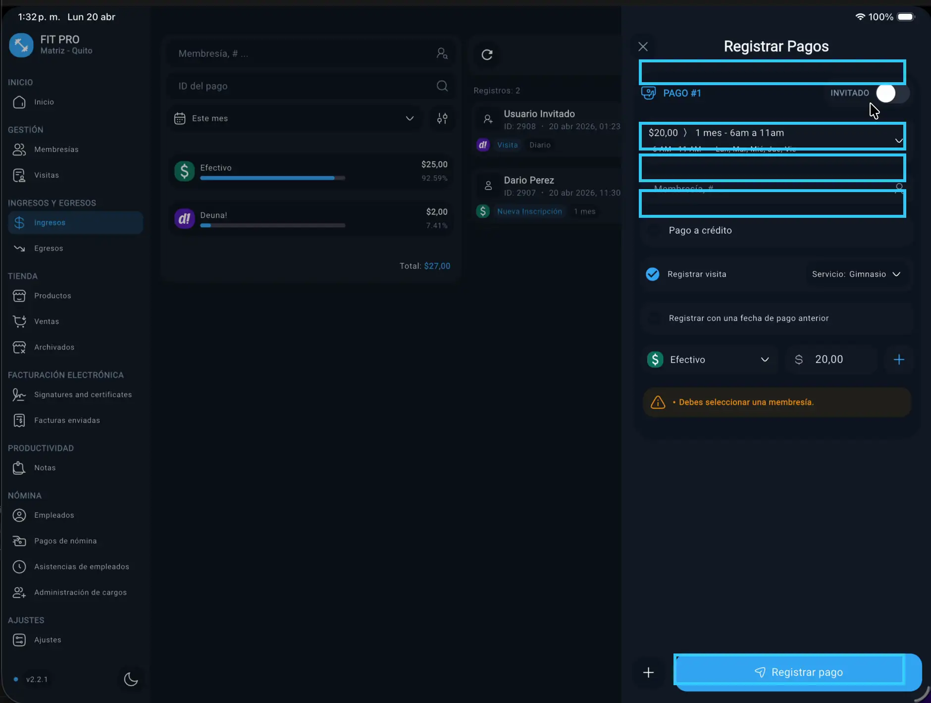 Panel desde ingresos con invitado desactivado resaltado