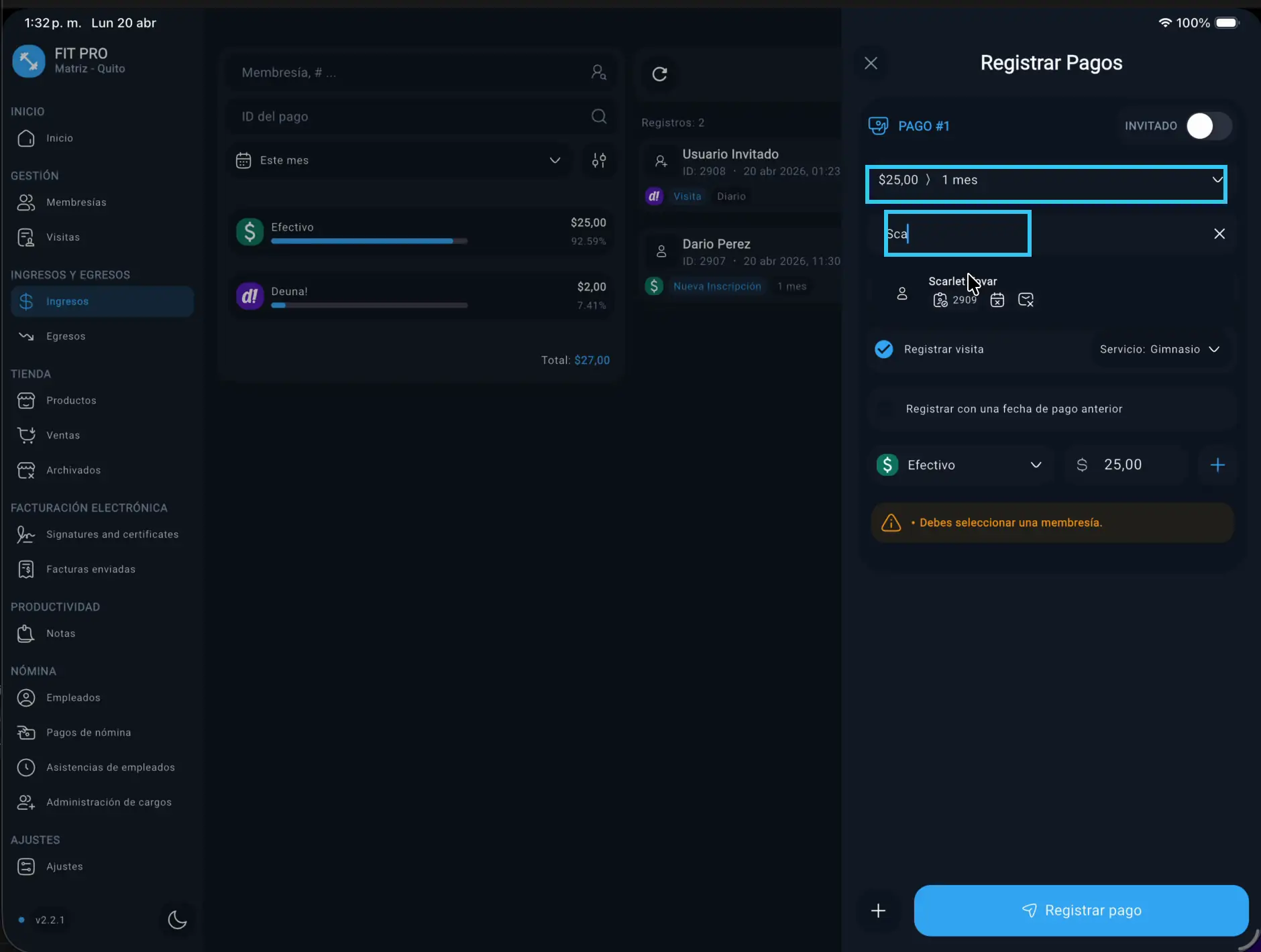 Buscador y selección de cliente resaltados