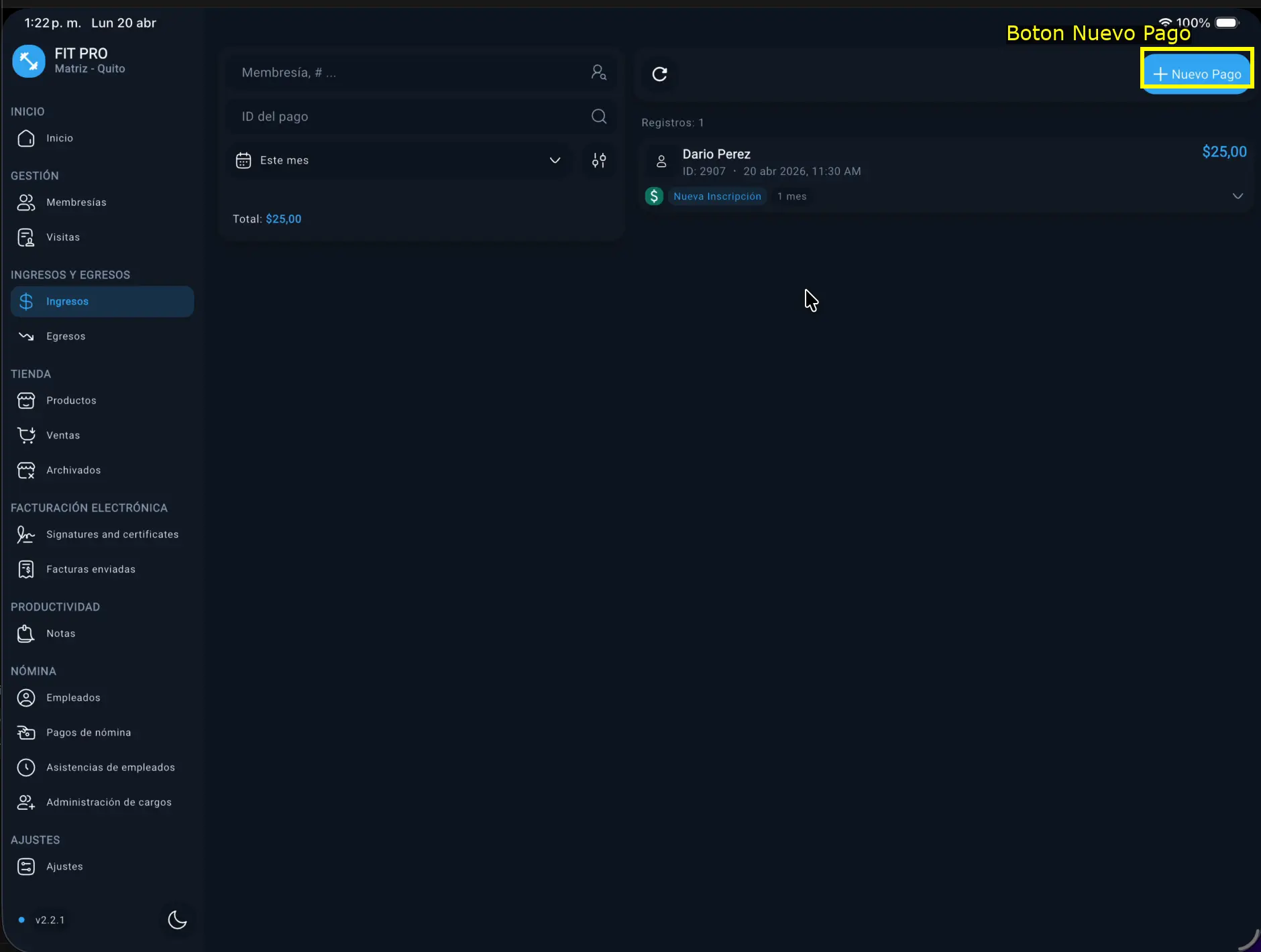 Ir a ingresos y botón nuevo pago resaltado