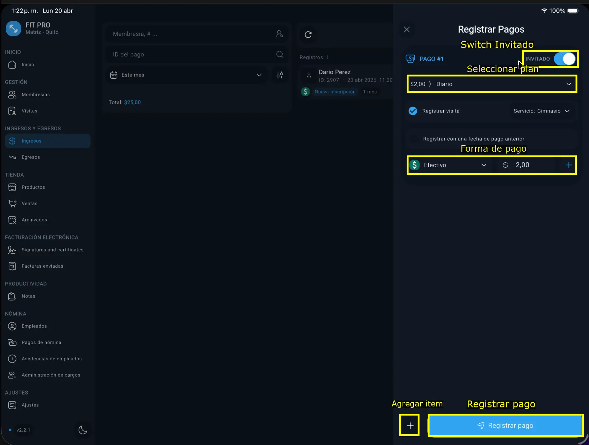 Panel de registro de pago invitado resaltado