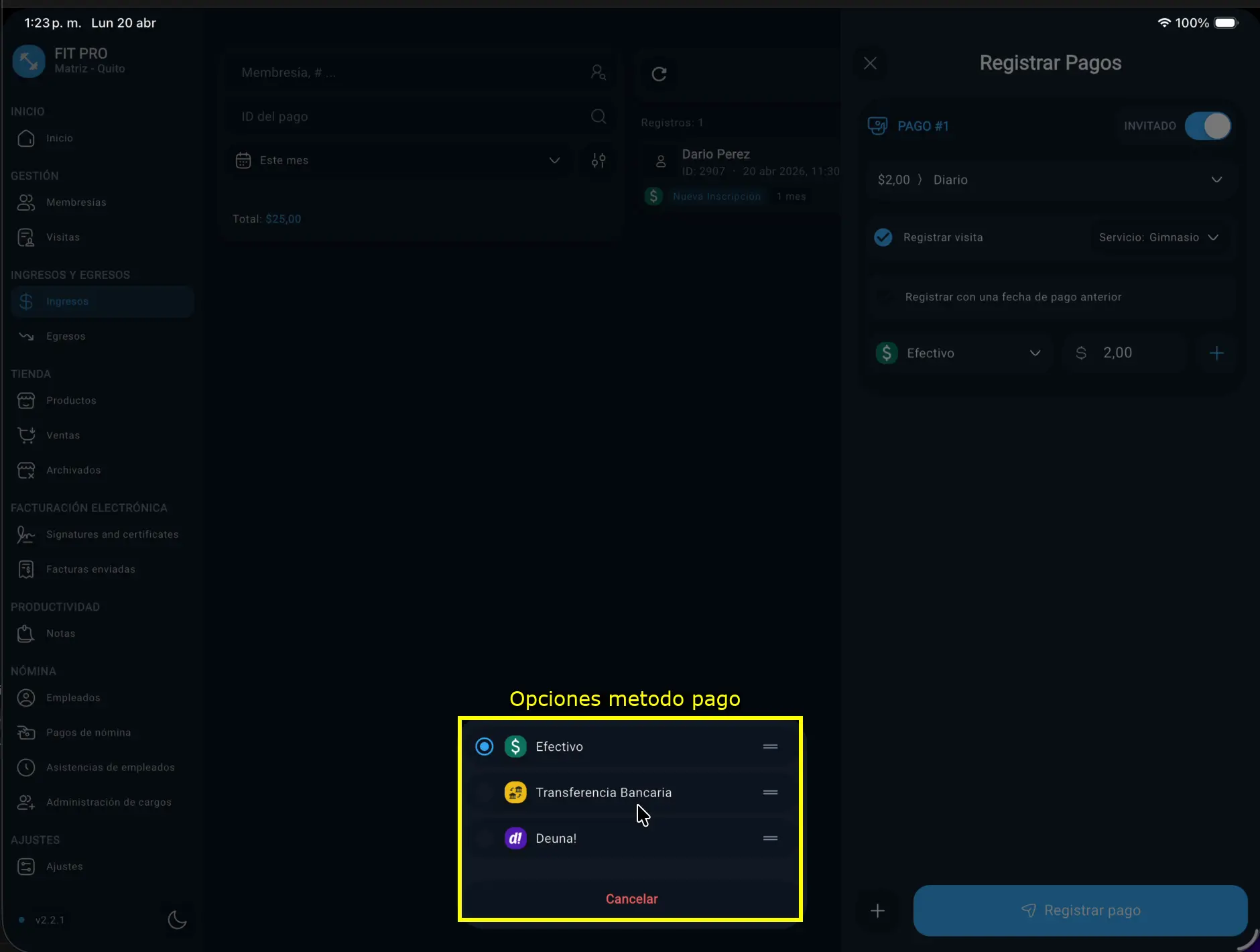 Opciones de método de pago resaltadas