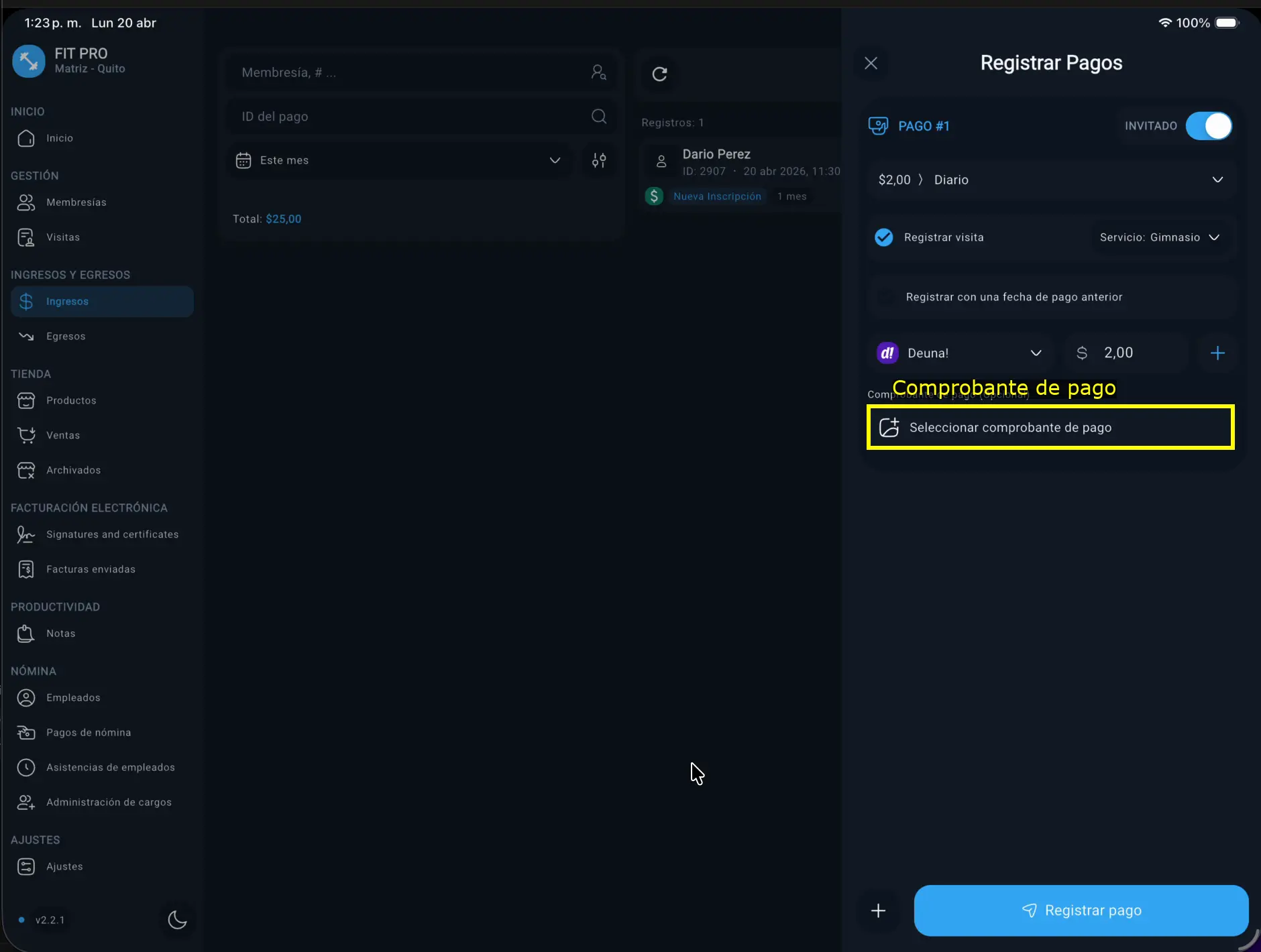 Comprobante de pago resaltado