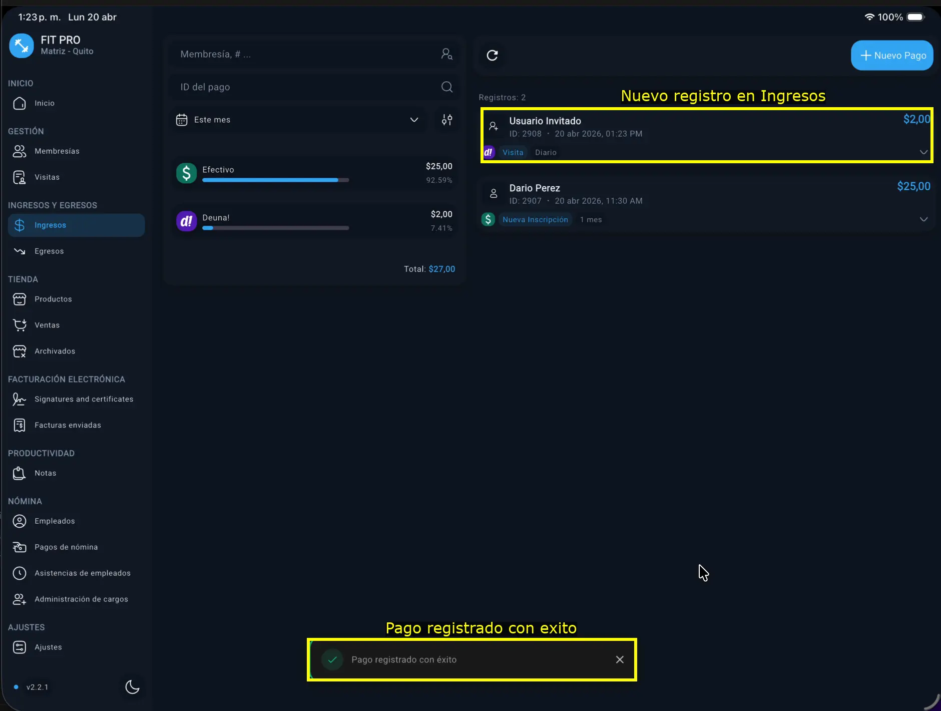 Validación de registro exitoso resaltada