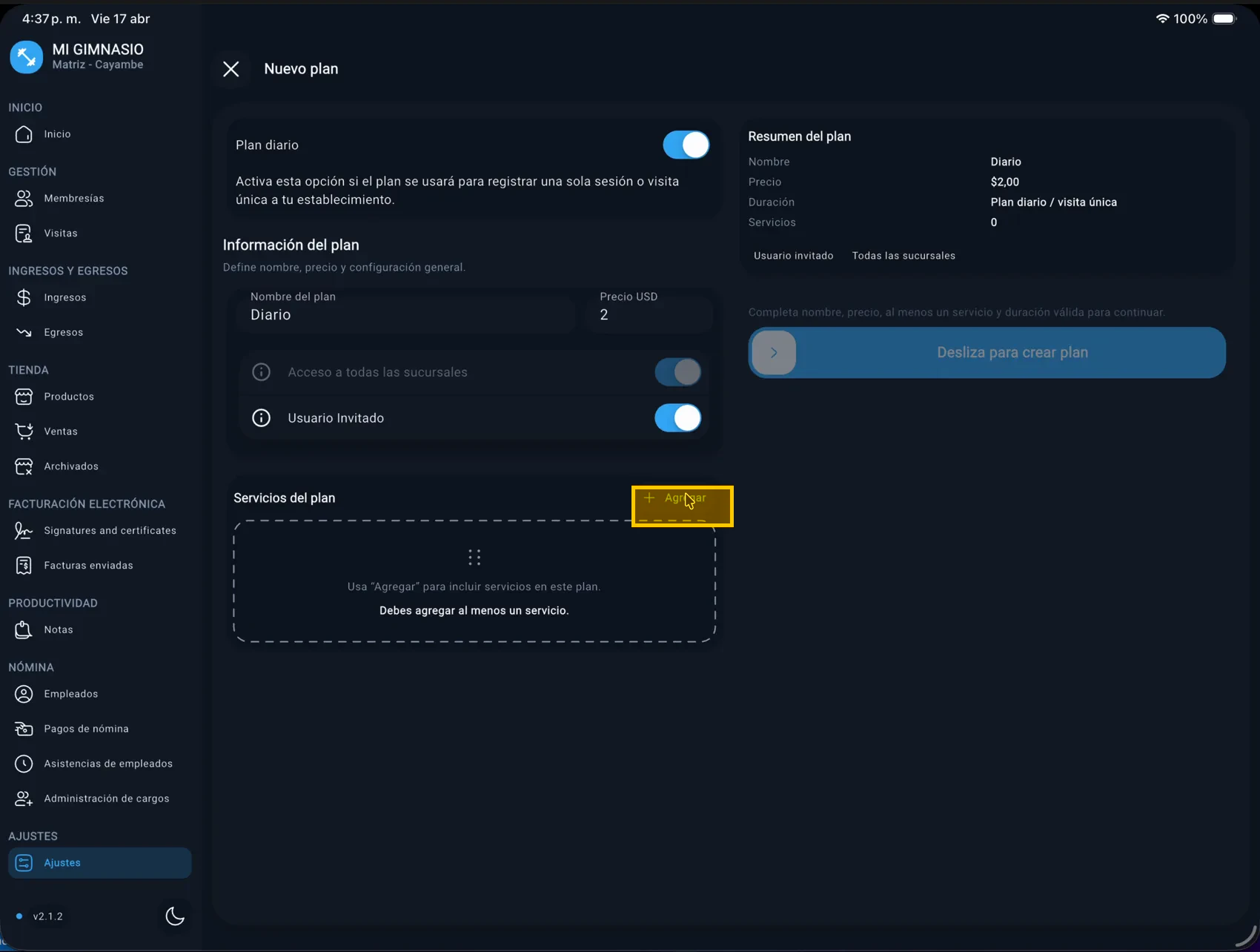 Botón agregar servicio resaltado