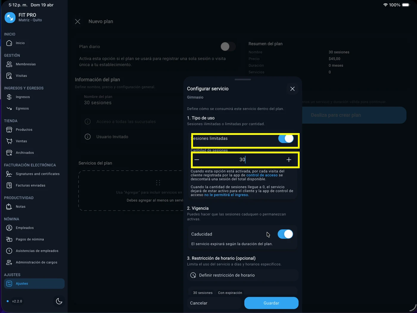 Sesiones limitadas y cantidad