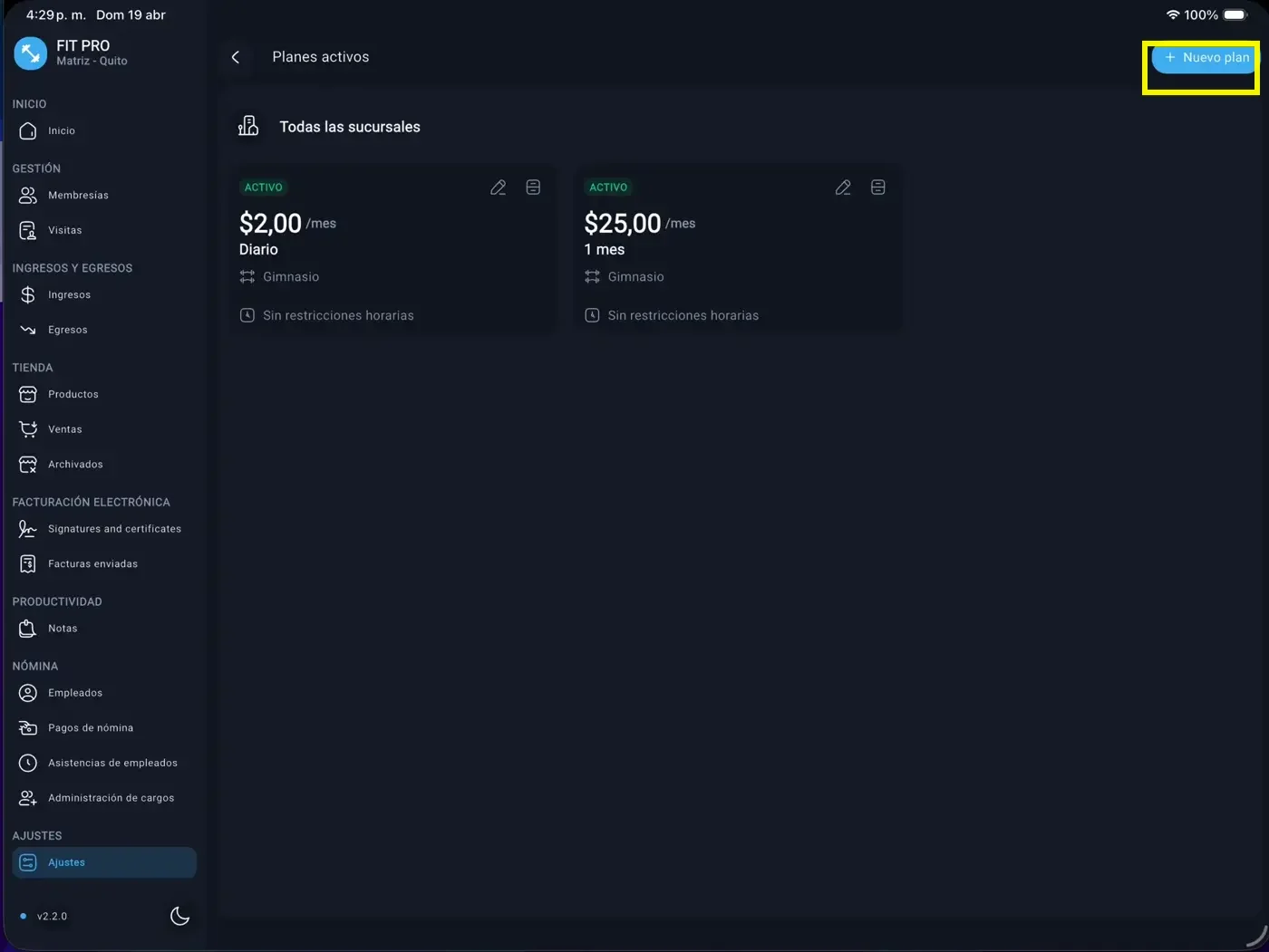 Planes activos y nuevo plan