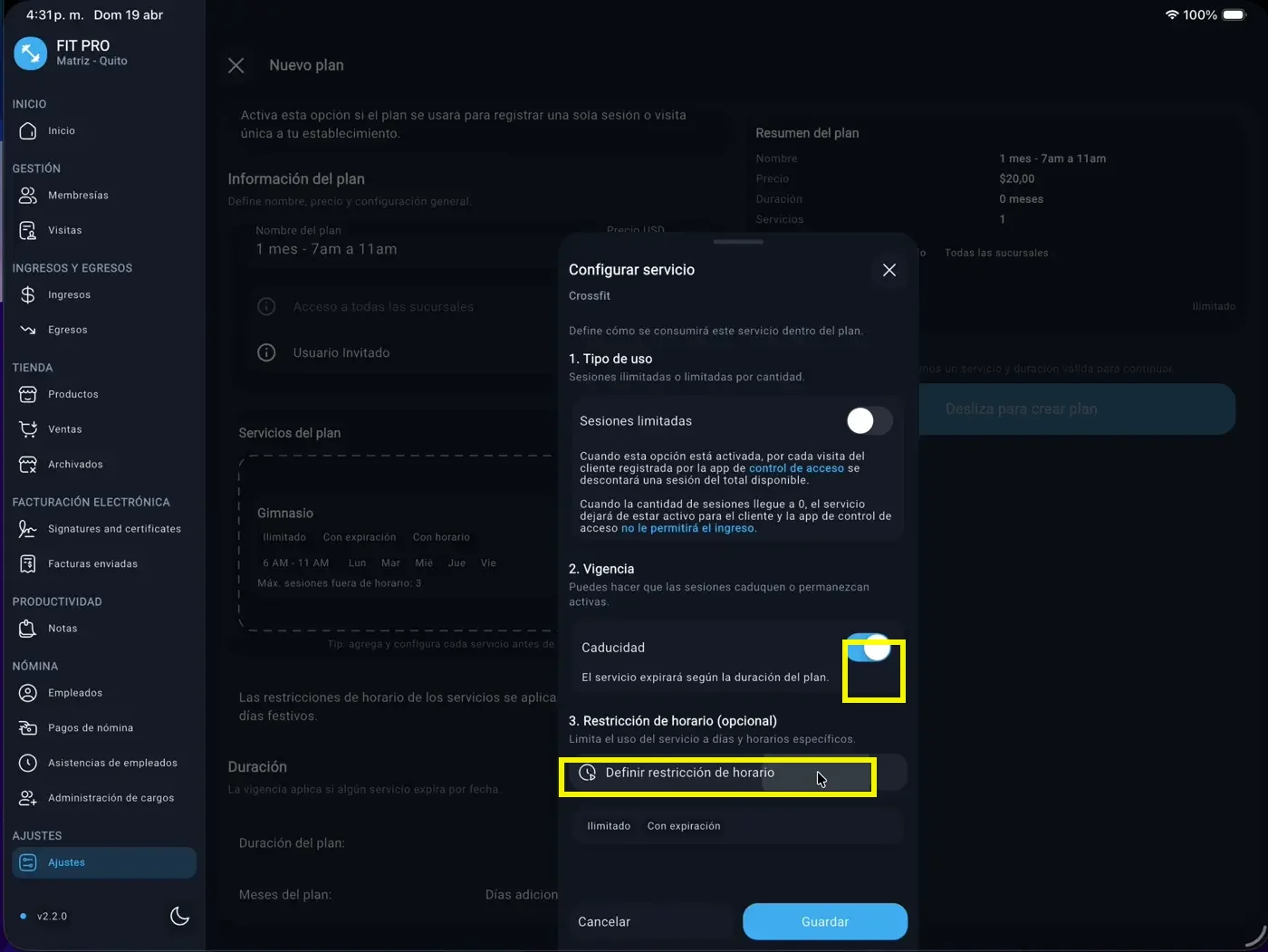 Abrir restricción desde configurar servicio