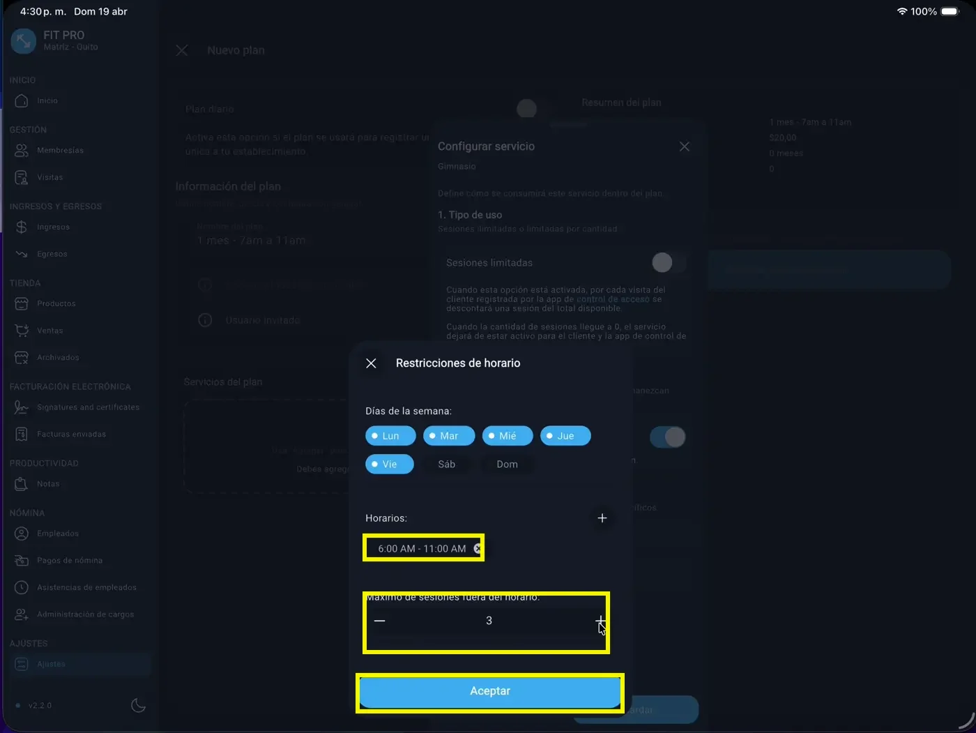 Intervalo y sesiones fuera de horario