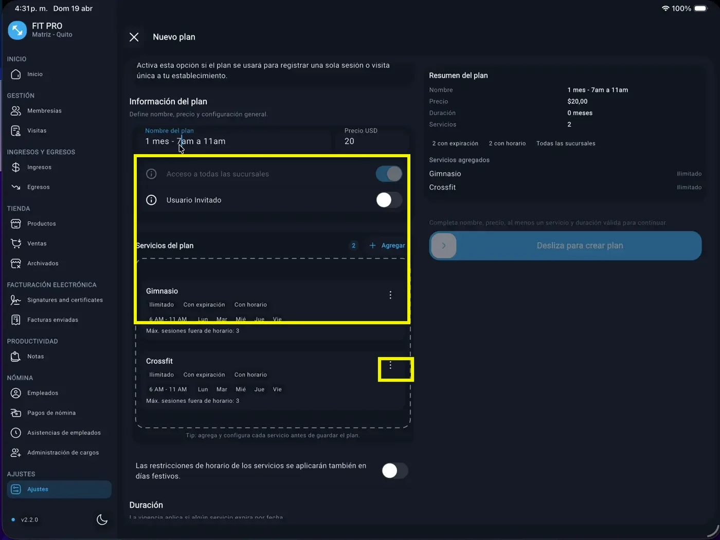 Dos servicios y switch de festivos