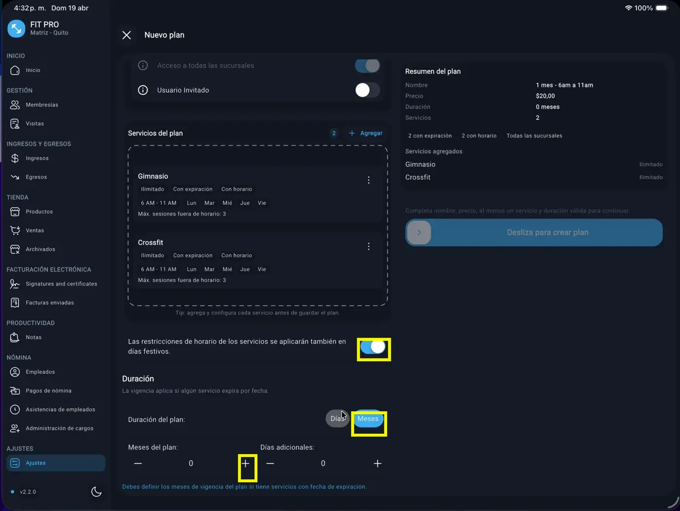 Festivos y duración
