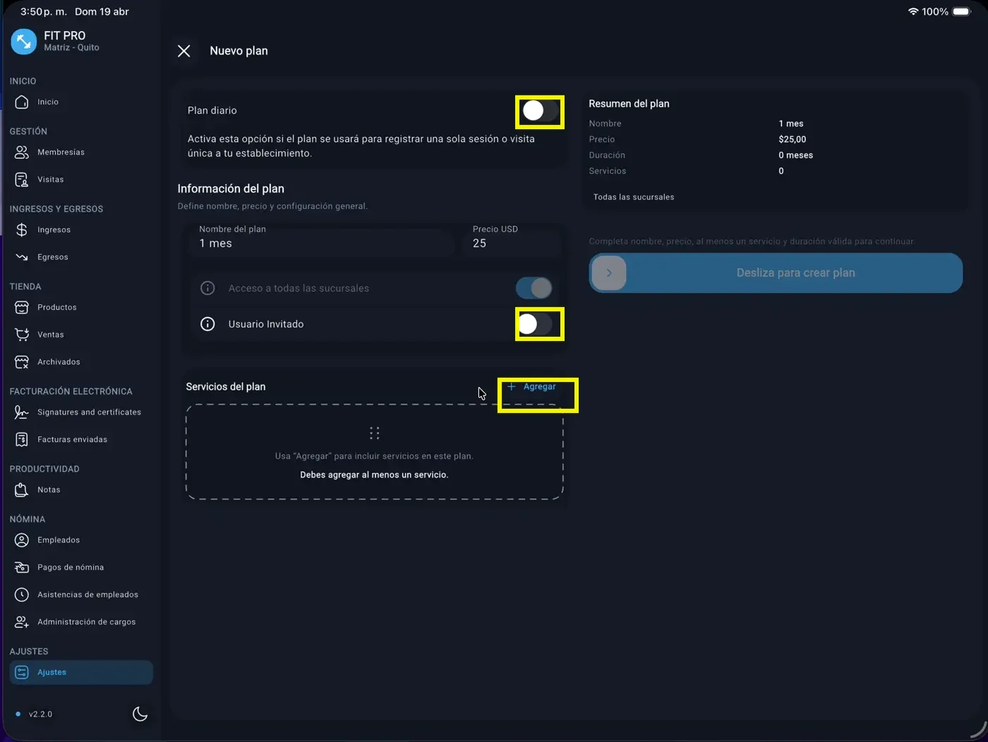 Configuración base del plan
