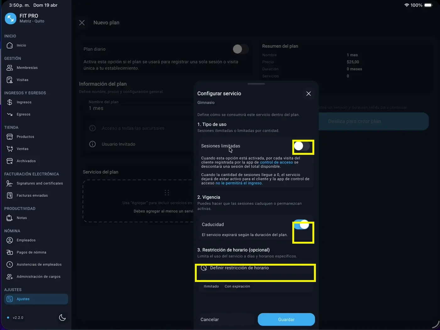 Configurar vigencia del servicio