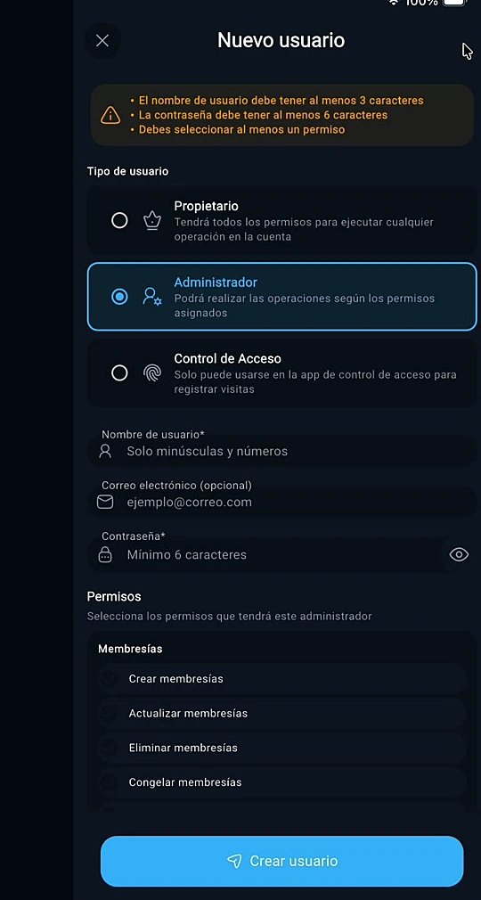 Seleccionar tipo de usuario