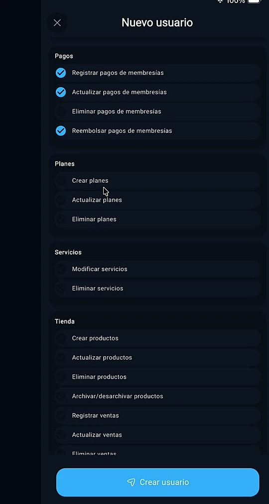 Permisos adicionales por módulo